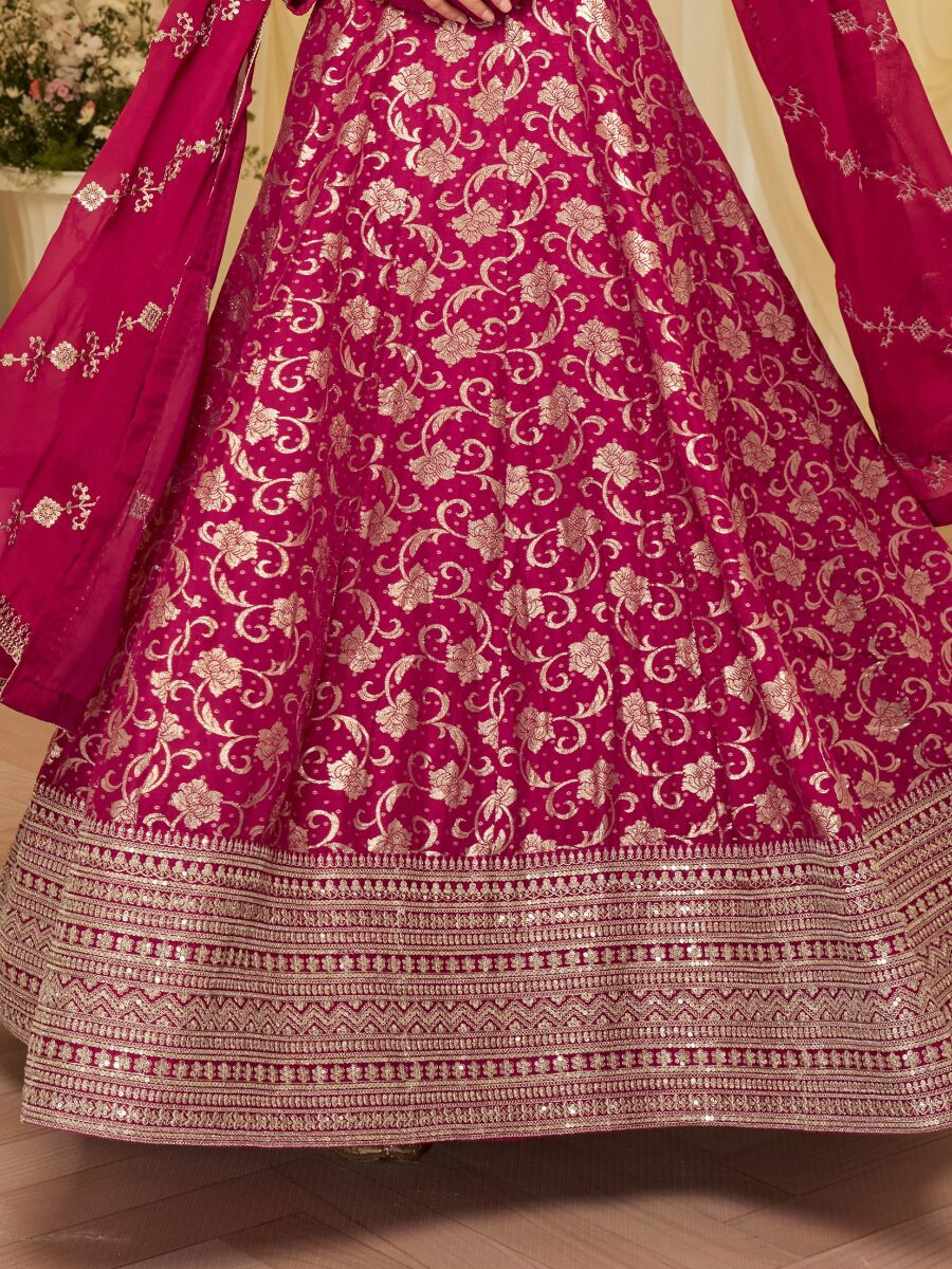 Rani Pink Heavy Pure Viscos Jecquard Silk Embroidery Zari Wedding Party Festival Casual Ready Anarkali Salwar Kameez