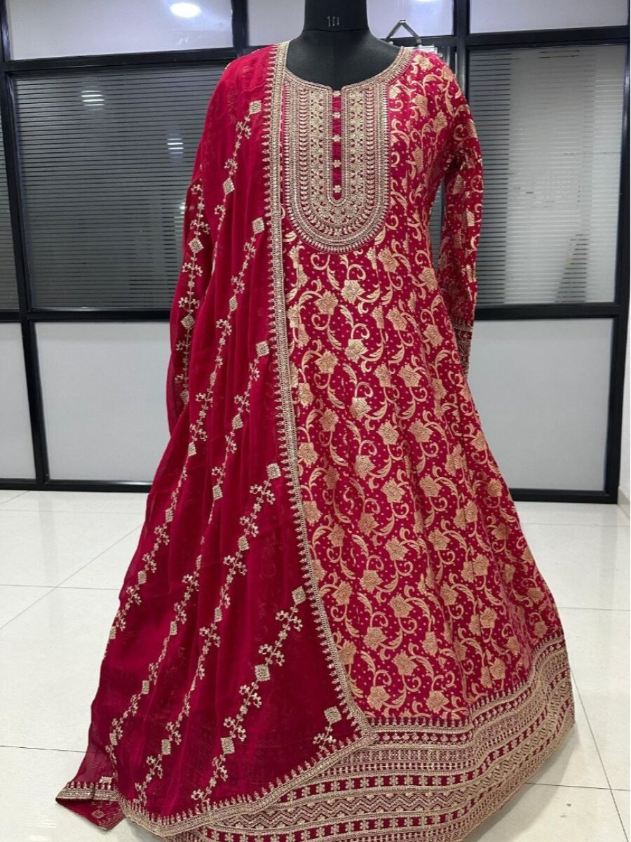 Rani Pink Heavy Pure Viscos Jecquard Silk Embroidery Zari Wedding Party Festival Casual Ready Anarkali Salwar Kameez