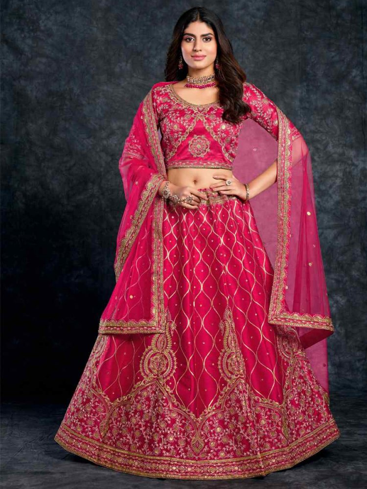 Rani Pink Italian Silk Embroidered Wedding Festival Heavy Border Lehenga Choli