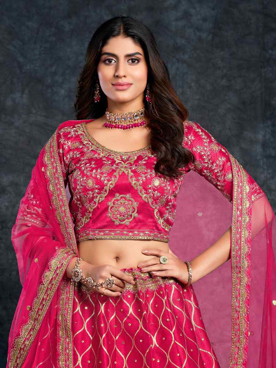 Rani Pink Italian Silk Embroidered Wedding Festival Heavy Border Lehenga Choli