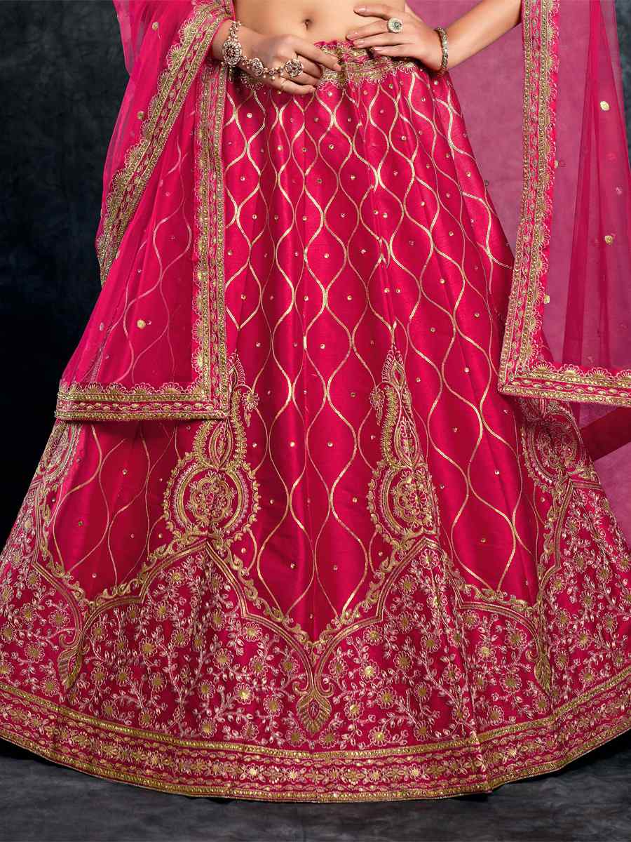 Rani Pink Italian Silk Embroidered Wedding Festival Heavy Border Lehenga Choli