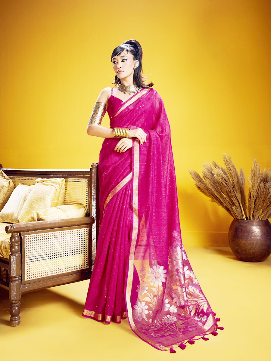 Rani Pink Munga Silk Printed Zari Festival Wedding Party Fancy Reception Heavy Border Saree