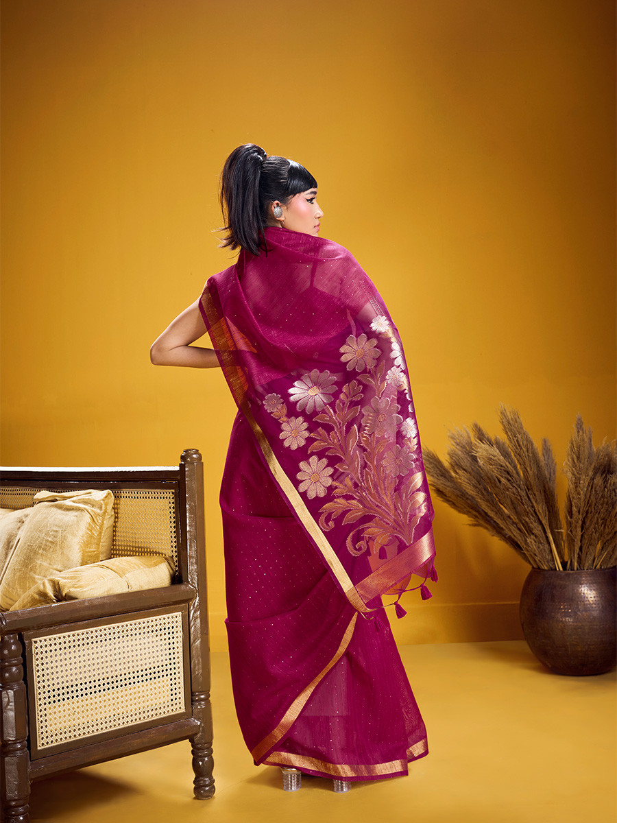 Rani Pink Munga Silk Printed Zari Festival Wedding Party Fancy Reception Heavy Border Saree