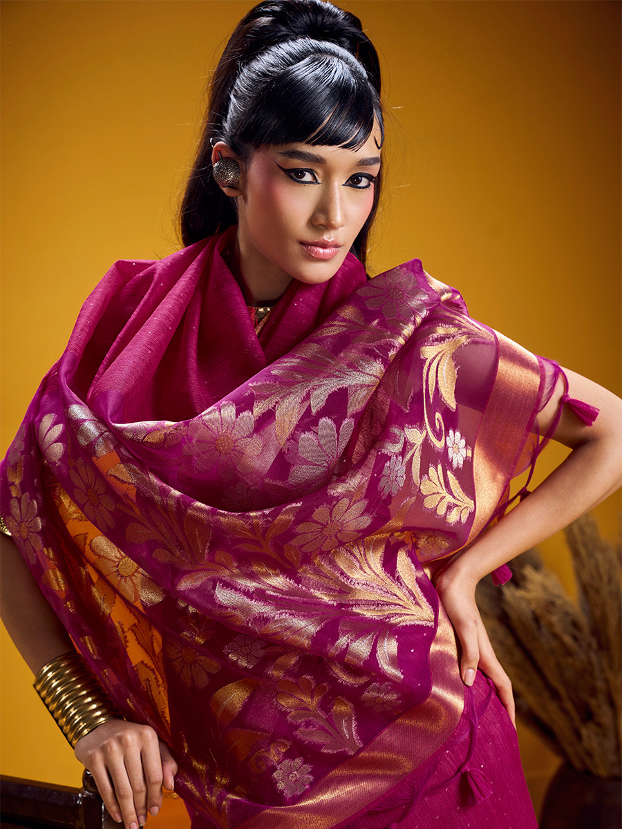 Rani Pink Munga Silk Printed Zari Festival Wedding Party Fancy Reception Heavy Border Saree