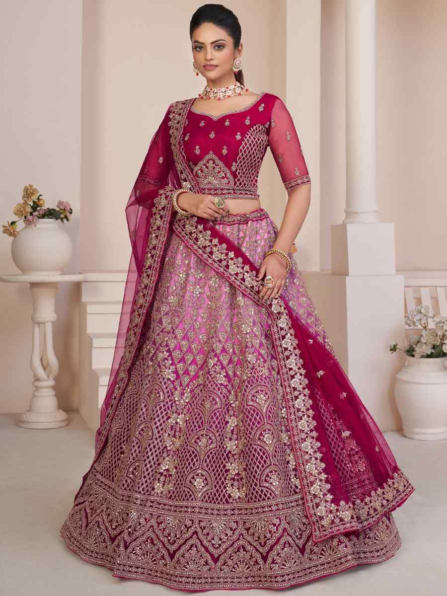 Rani Pink Net Embroidered Bridal Wedding Heavy Border Lehenga Choli