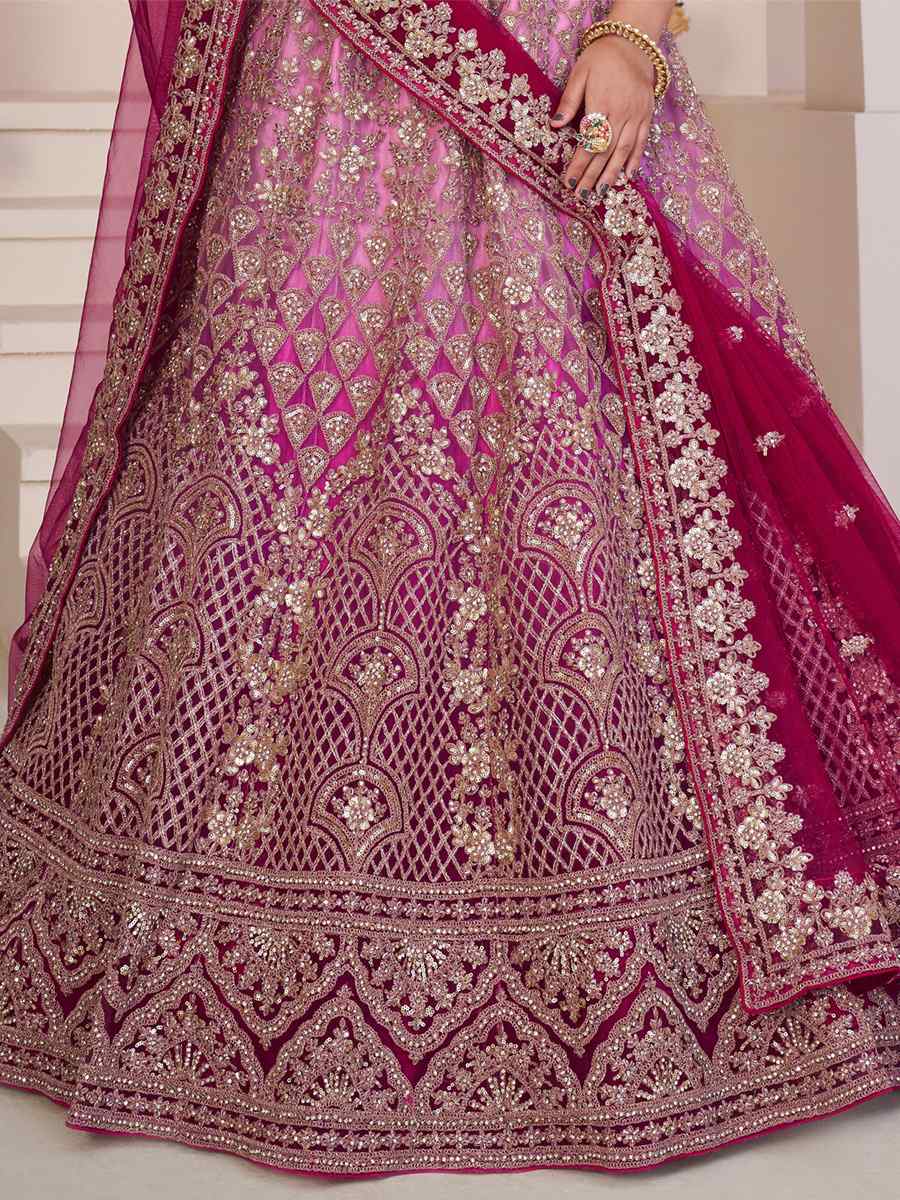 Rani Pink Net Embroidered Bridal Wedding Heavy Border Lehenga Choli