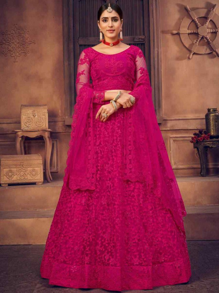 Rani Pink Net Embroidered Festival Party Wear Circular Lehenga Choli