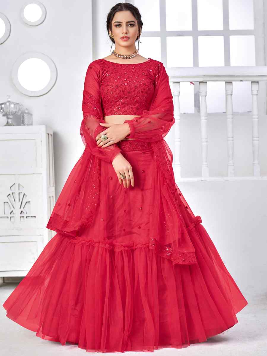 Rani Pink Net Embroidered Festival Reception Circular Lehenga Choli
