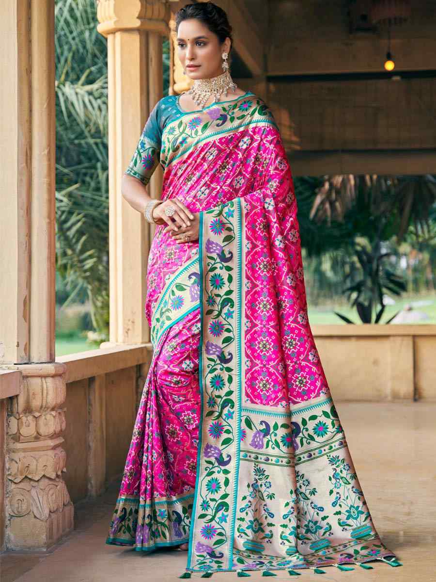 Rani Pink Patola Silk Handwoven Wedding Festival Heavy Border Saree