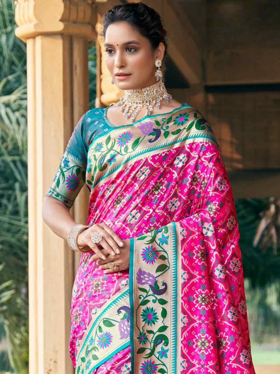 Rani Pink Patola Silk Handwoven Wedding Festival Heavy Border Saree