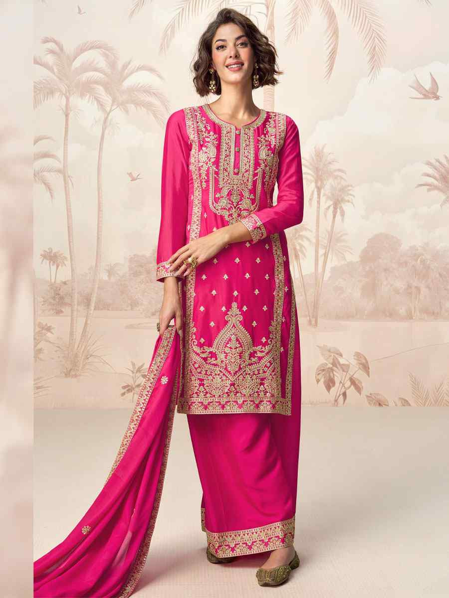 Rani Pink Premium Chinon Silk Embroidered Party Wedding Ready Palazzo pant Salwar Kameez