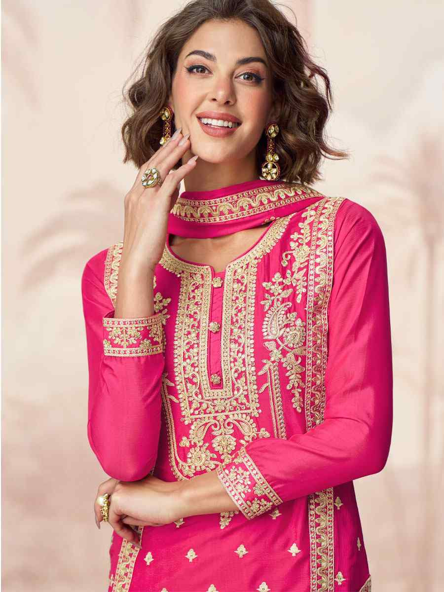 Rani Pink Premium Chinon Silk Embroidered Party Wedding Ready Palazzo pant Salwar Kameez