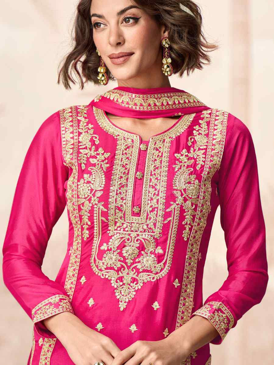 Rani Pink Premium Chinon Silk Embroidered Party Wedding Ready Palazzo pant Salwar Kameez
