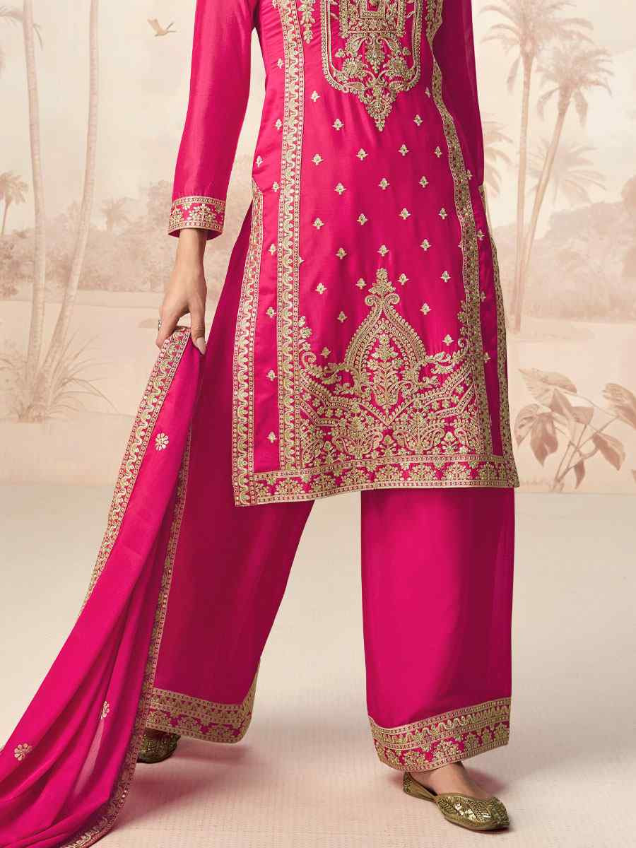 Rani Pink Premium Chinon Silk Embroidered Party Wedding Ready Palazzo pant Salwar Kameez