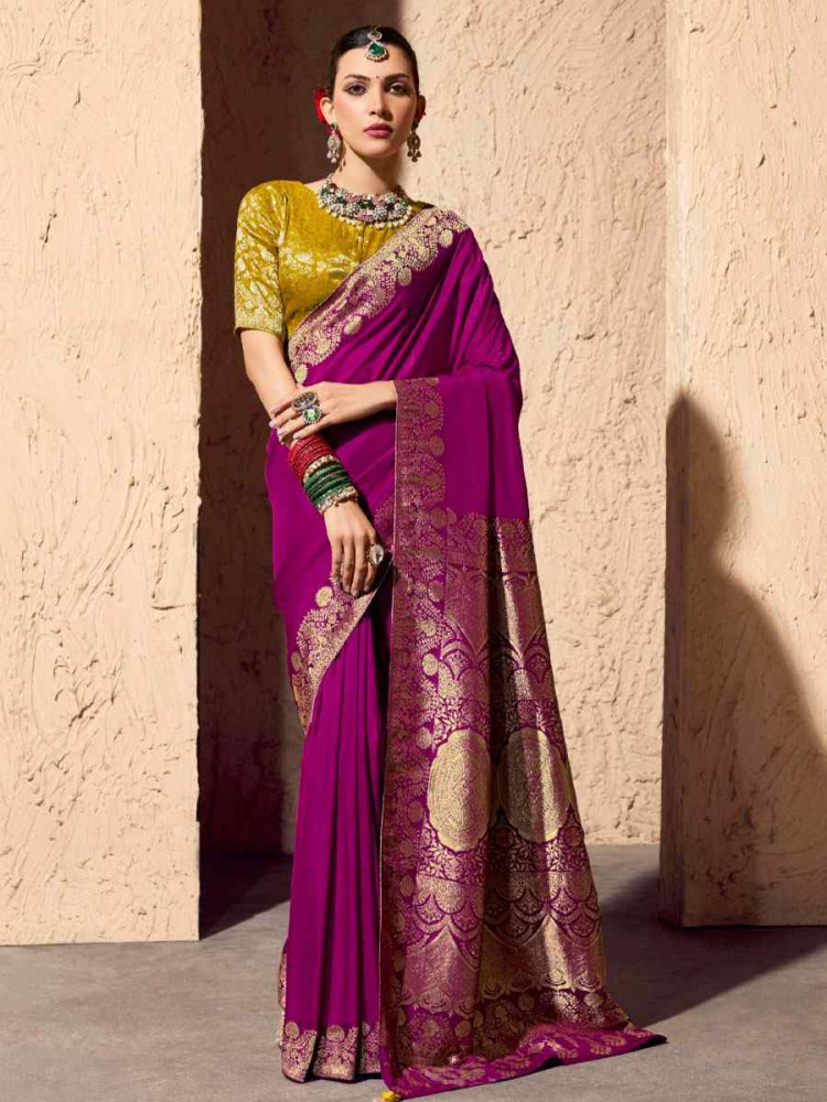 Image of Rani Pink Premium Crepe Georgette Handwoven Traditional Bridal Reception Festival Wedding Fancy Heavy Border Saree