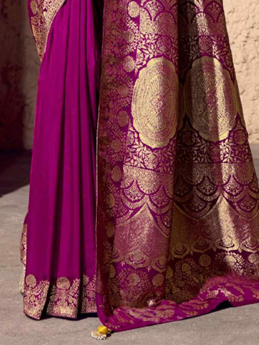 Rani Pink Premium Crepe Georgette Handwoven Traditional Bridal Reception Festival Wedding Fancy Heavy Border Saree