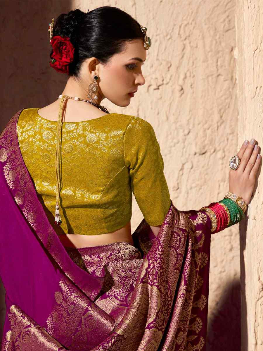 Rani Pink Premium Crepe Georgette Handwoven Traditional Bridal Reception Festival Wedding Fancy Heavy Border Saree