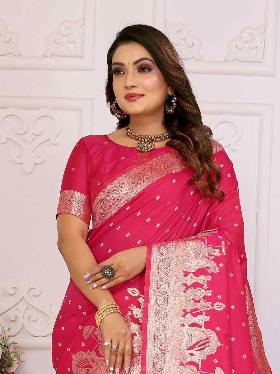 Rani Pink Premium Quality Summer Lichi Silk Handwoven Casual Festival Classic Style Saree