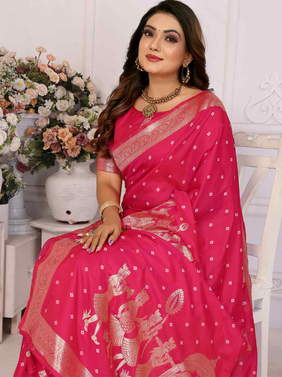 Rani Pink Premium Quality Summer Lichi Silk Handwoven Casual Festival Classic Style Saree