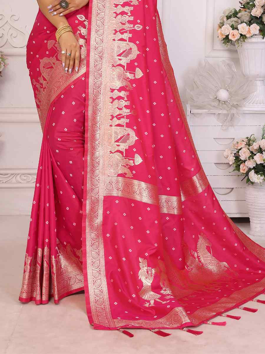 Rani Pink Premium Quality Summer Lichi Silk Handwoven Casual Festival Classic Style Saree