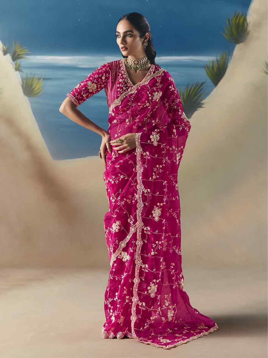 Rani Pink Premium Satin Organza Embroidery Traditional Bridal Reception Festival Wedding Fancy Heavy Border Saree