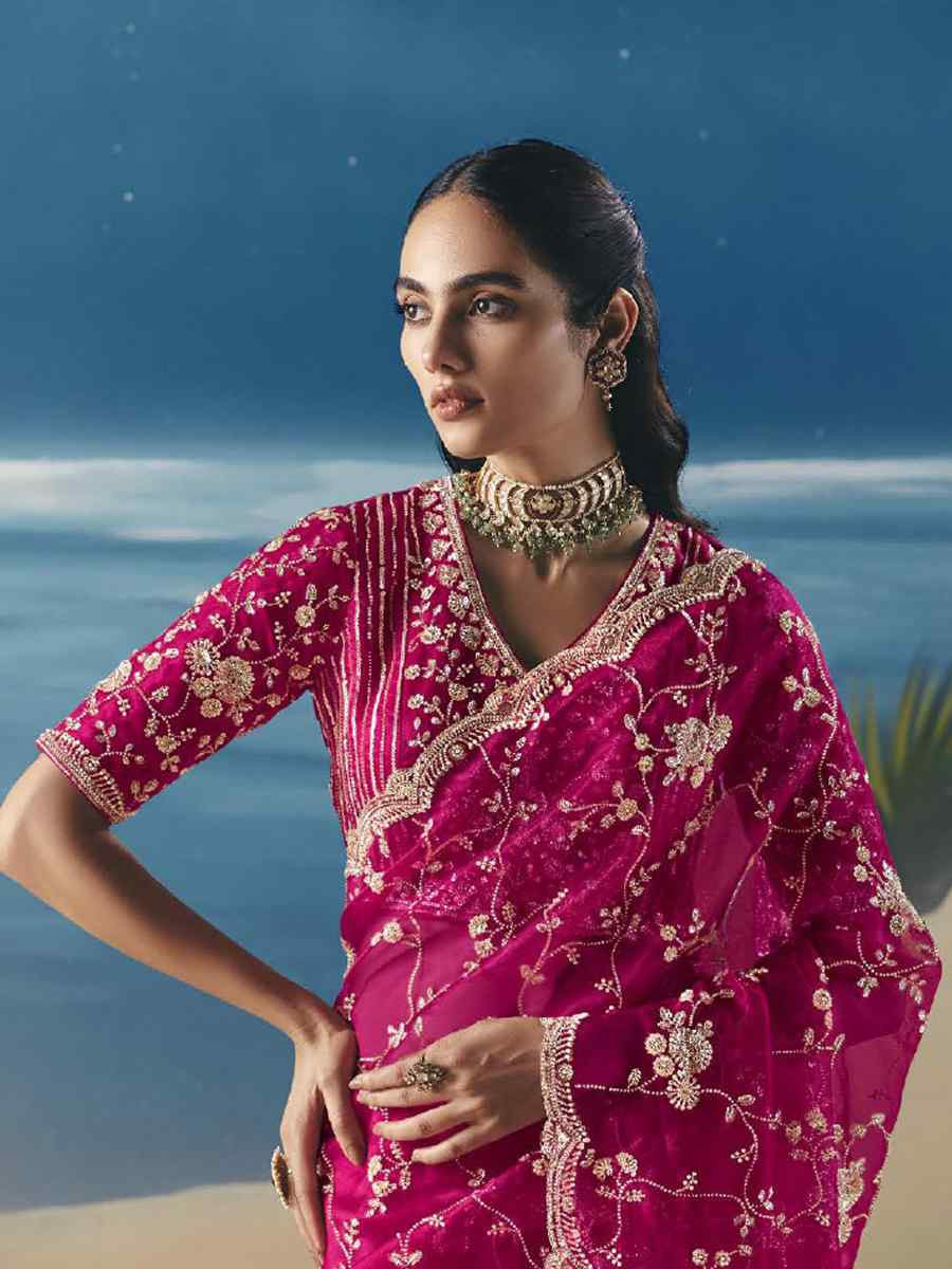 Rani Pink Premium Satin Organza Embroidery Traditional Bridal Reception Festival Wedding Fancy Heavy Border Saree