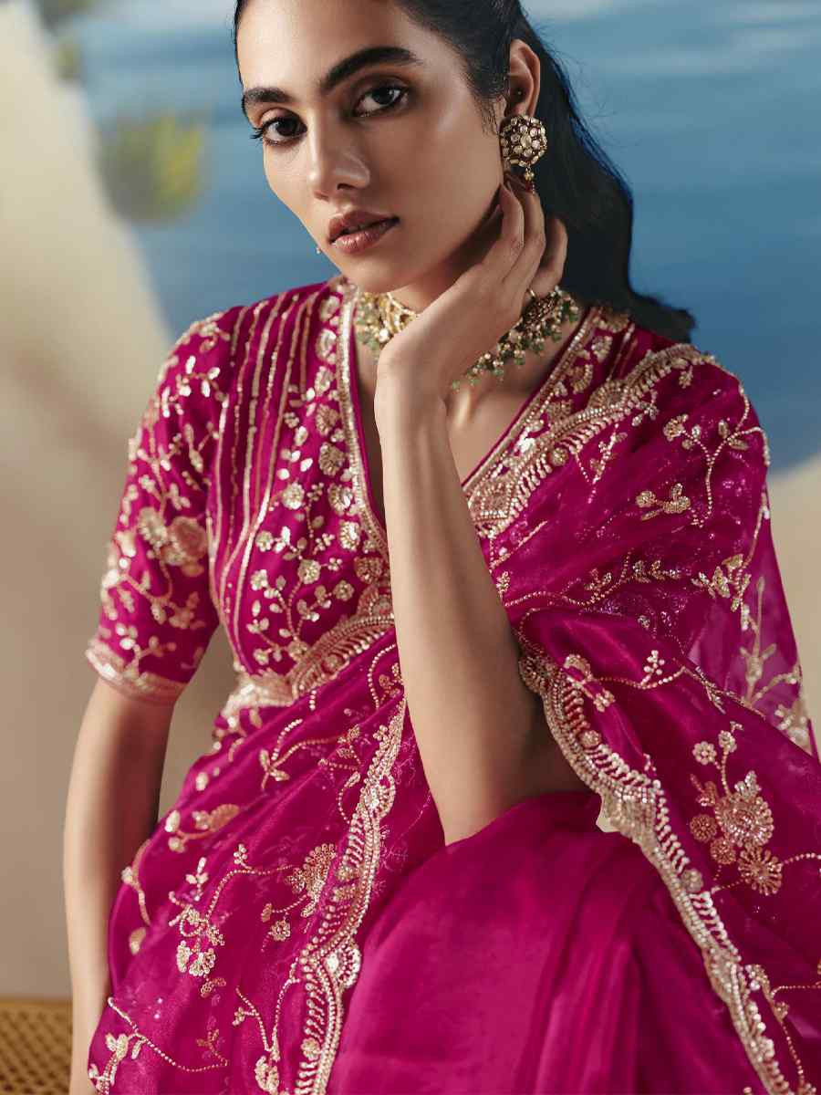 Rani Pink Premium Satin Organza Embroidery Traditional Bridal Reception Festival Wedding Fancy Heavy Border Saree