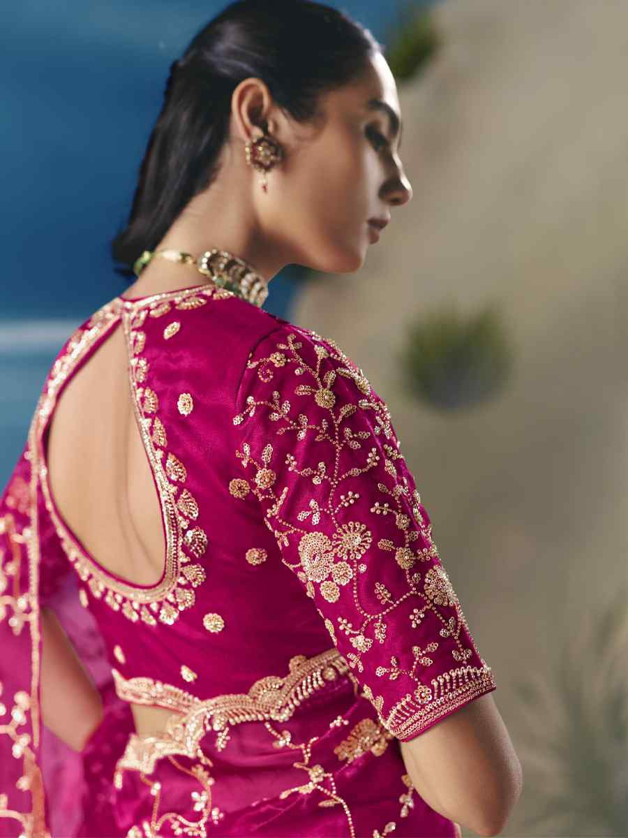 Rani Pink Premium Satin Organza Embroidery Traditional Bridal Reception Festival Wedding Fancy Heavy Border Saree