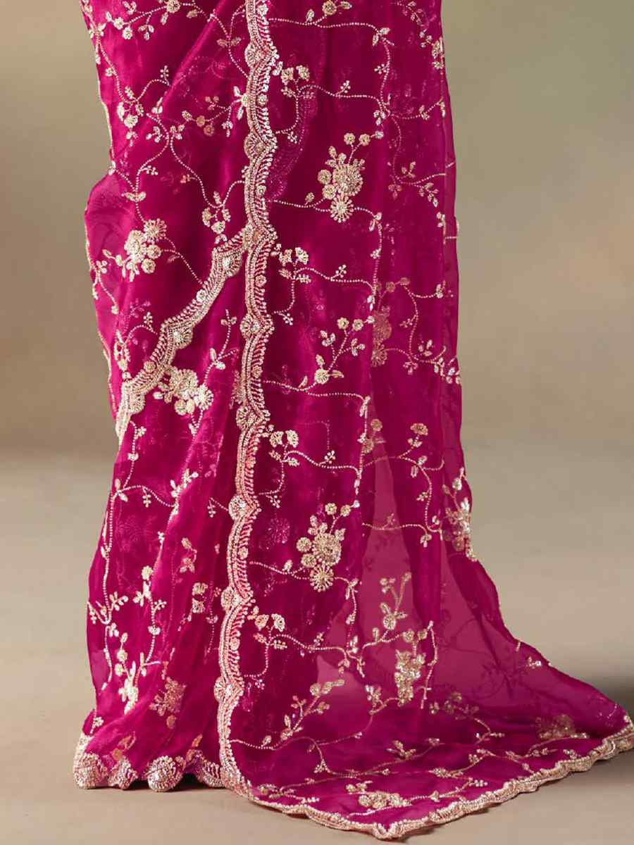 Rani Pink Premium Satin Organza Embroidery Traditional Bridal Reception Festival Wedding Fancy Heavy Border Saree