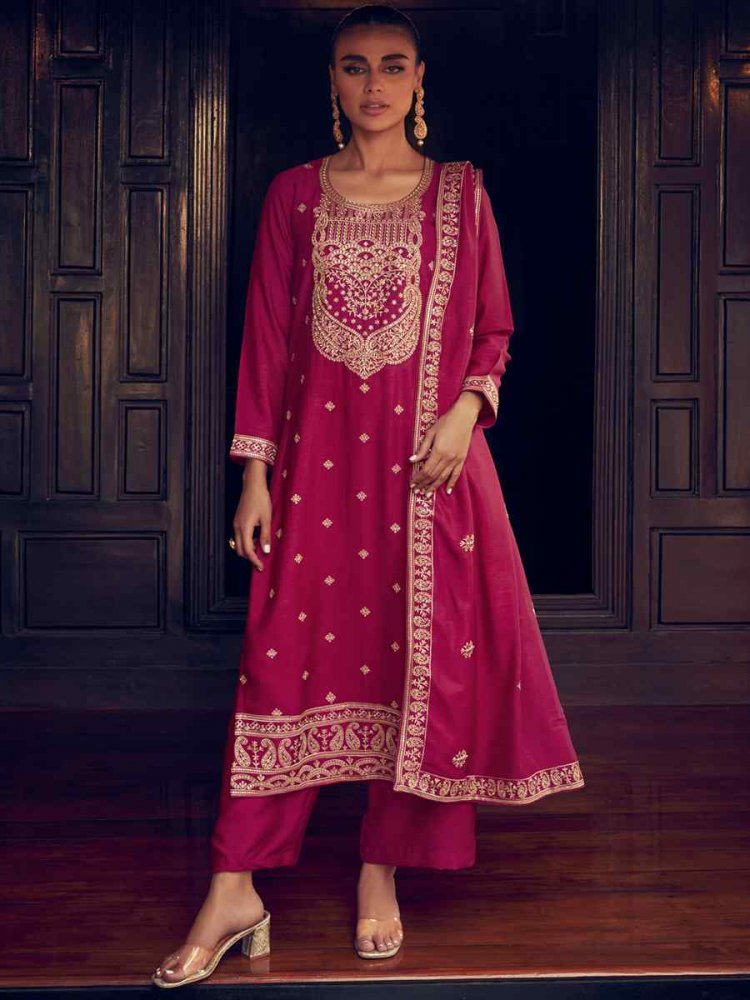 Rani Pink Premium Silk Embroidered Party Festival Pant Salwar Kameez