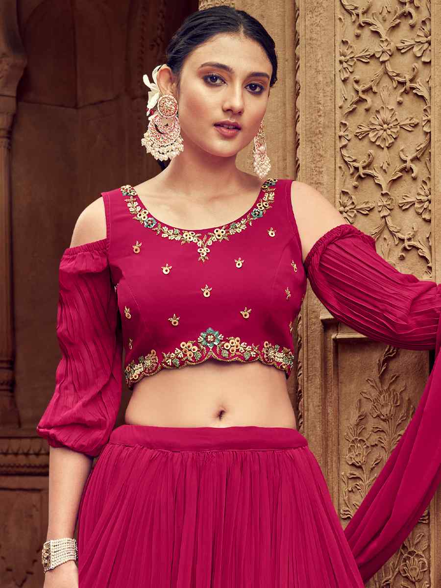 Rani Pink Pure Faux Georgette Embroidered Party Wear Wedding Circular Lehenga Choli