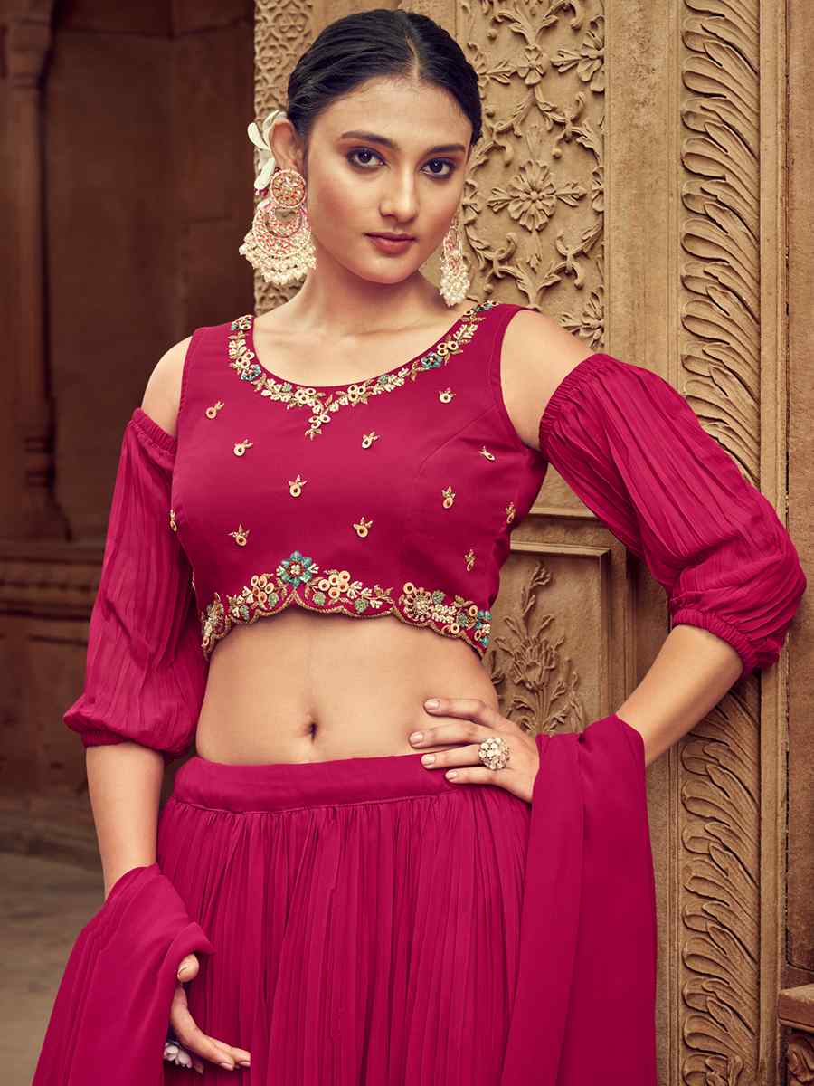 Rani Pink Pure Faux Georgette Embroidered Party Wear Wedding Circular Lehenga Choli