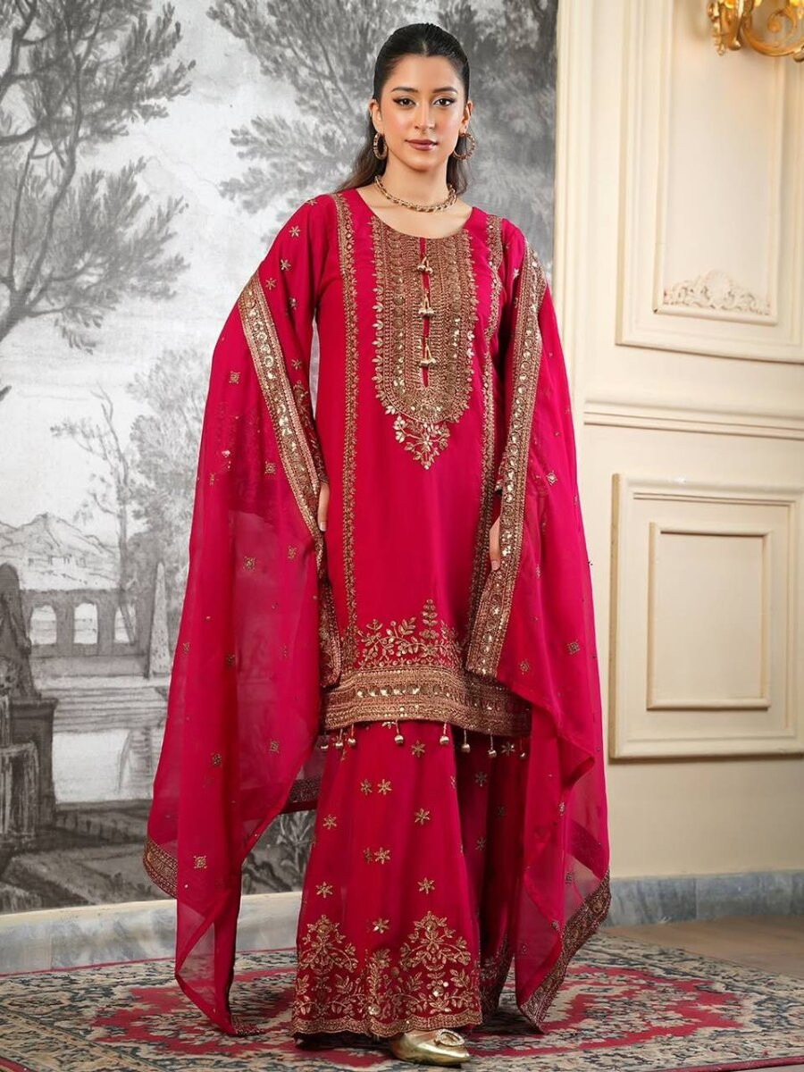 Rani Pink Pure Fendy Silk Embroidery Sequins Zari Festival Party Wedding Casual Ready Sharara Pant Salwar Kameez