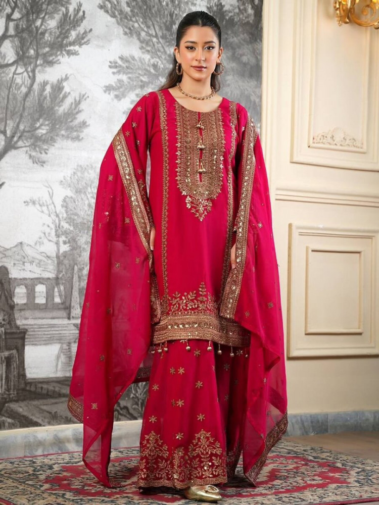 Image of Rani Pink Pure Fendy Silk Embroidery Sequins Zari Festival Party Wedding Casual Ready Sharara Pant Salwar Kameez