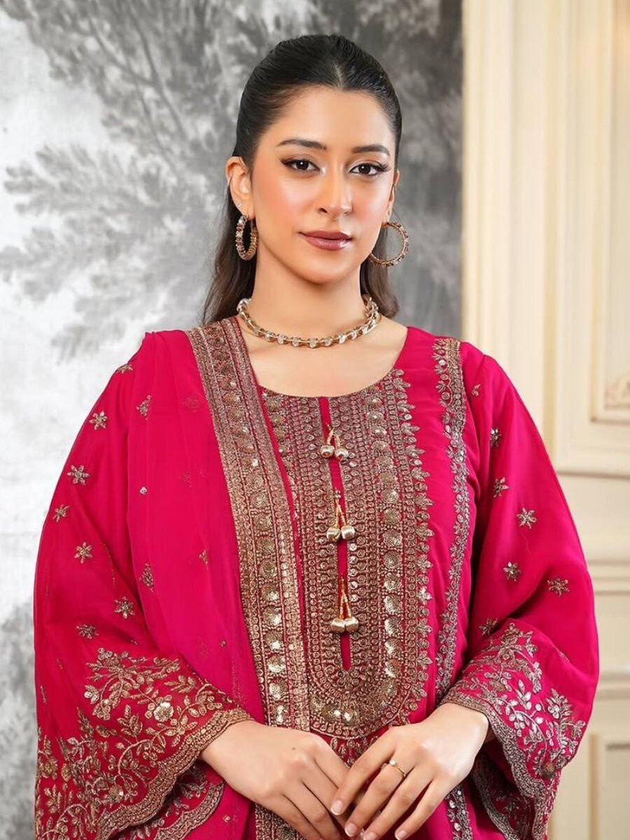 Rani Pink Pure Fendy Silk Embroidery Sequins Zari Festival Party Wedding Casual Ready Sharara Pant Salwar Kameez