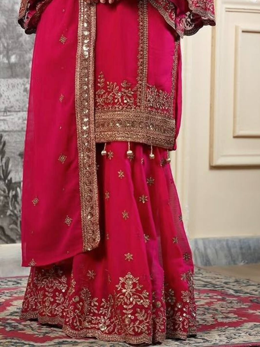 Rani Pink Pure Fendy Silk Embroidery Sequins Zari Festival Party Wedding Casual Ready Sharara Pant Salwar Kameez