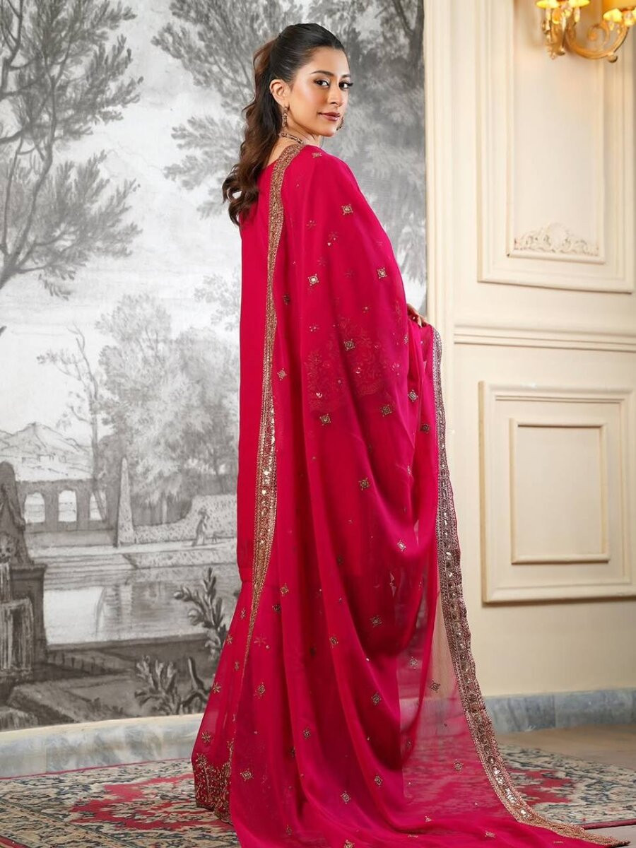 Rani Pink Pure Fendy Silk Embroidery Sequins Zari Festival Party Wedding Casual Ready Sharara Pant Salwar Kameez
