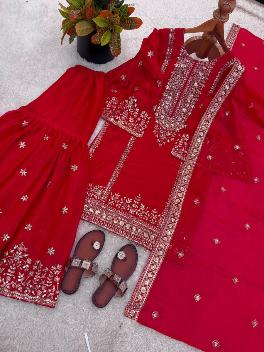 Rani Pink Pure Fendy Silk Embroidery Sequins Zari Festival Party Wedding Casual Ready Sharara Pant Salwar Kameez