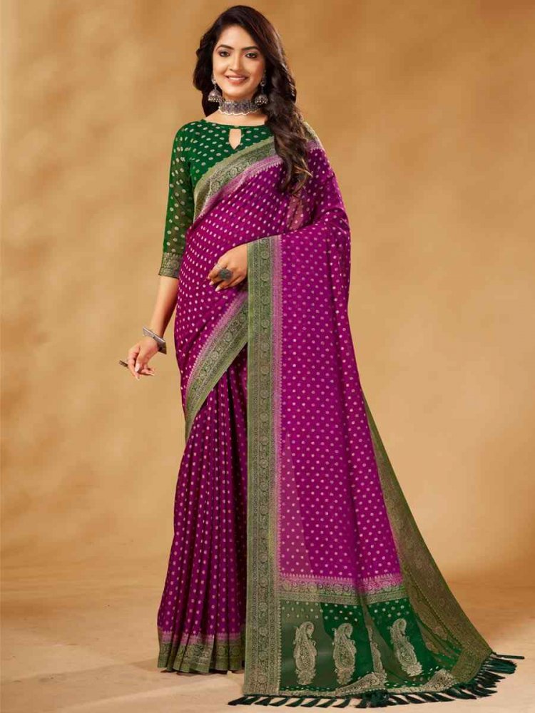 Rani Pink Pure Georgette Handwoven Wedding Festival Heavy Border Saree