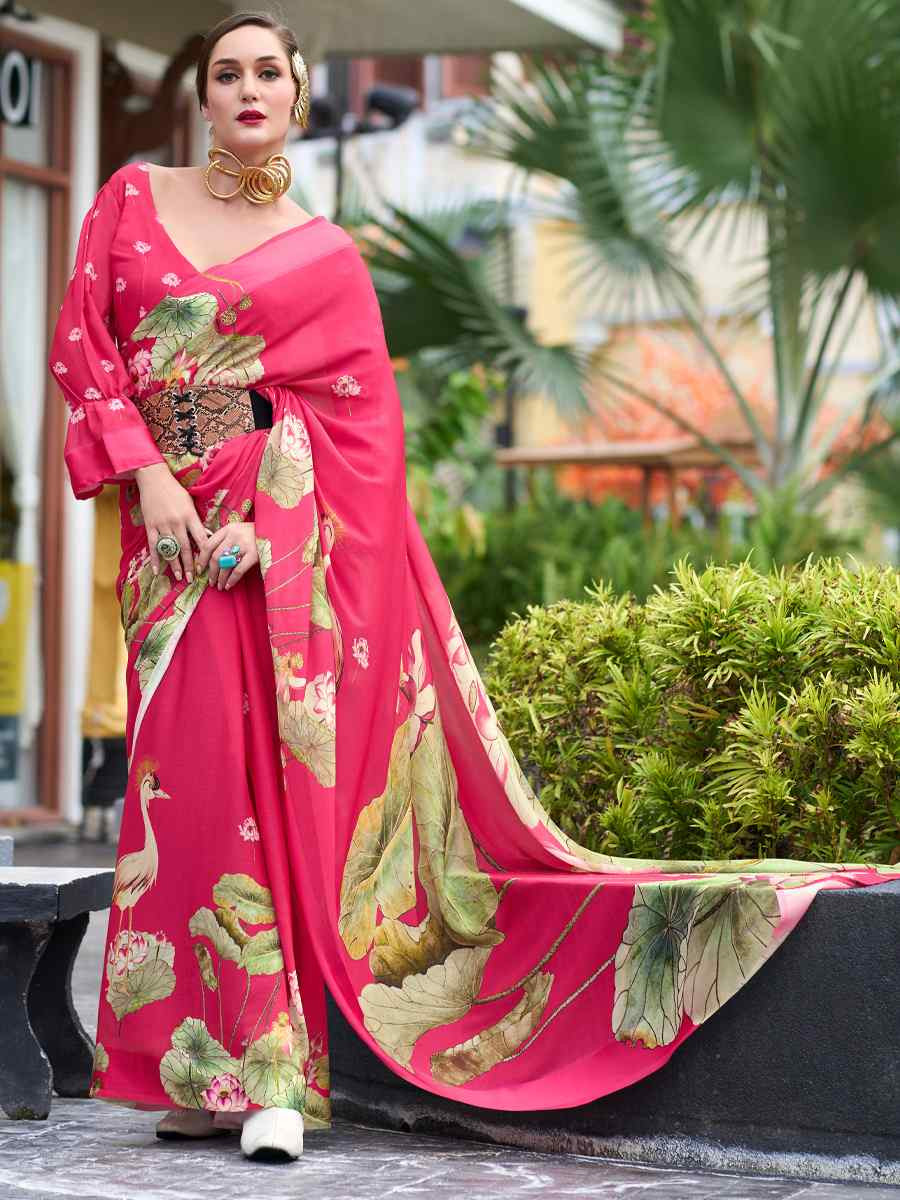 Rani Pink Pure Georgette Printed Casual Festival Contemporary Saree