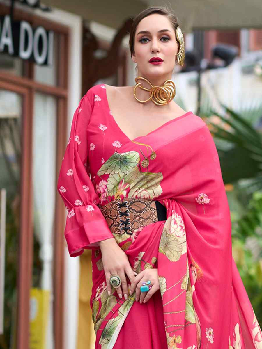 Rani Pink Pure Georgette Printed Casual Festival Contemporary Saree
