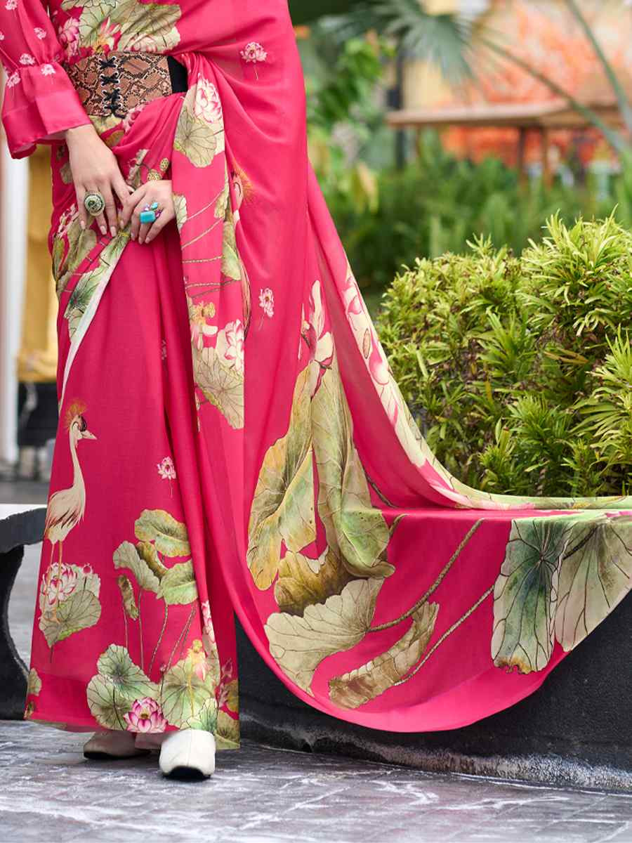 Rani Pink Pure Georgette Printed Casual Festival Contemporary Saree
