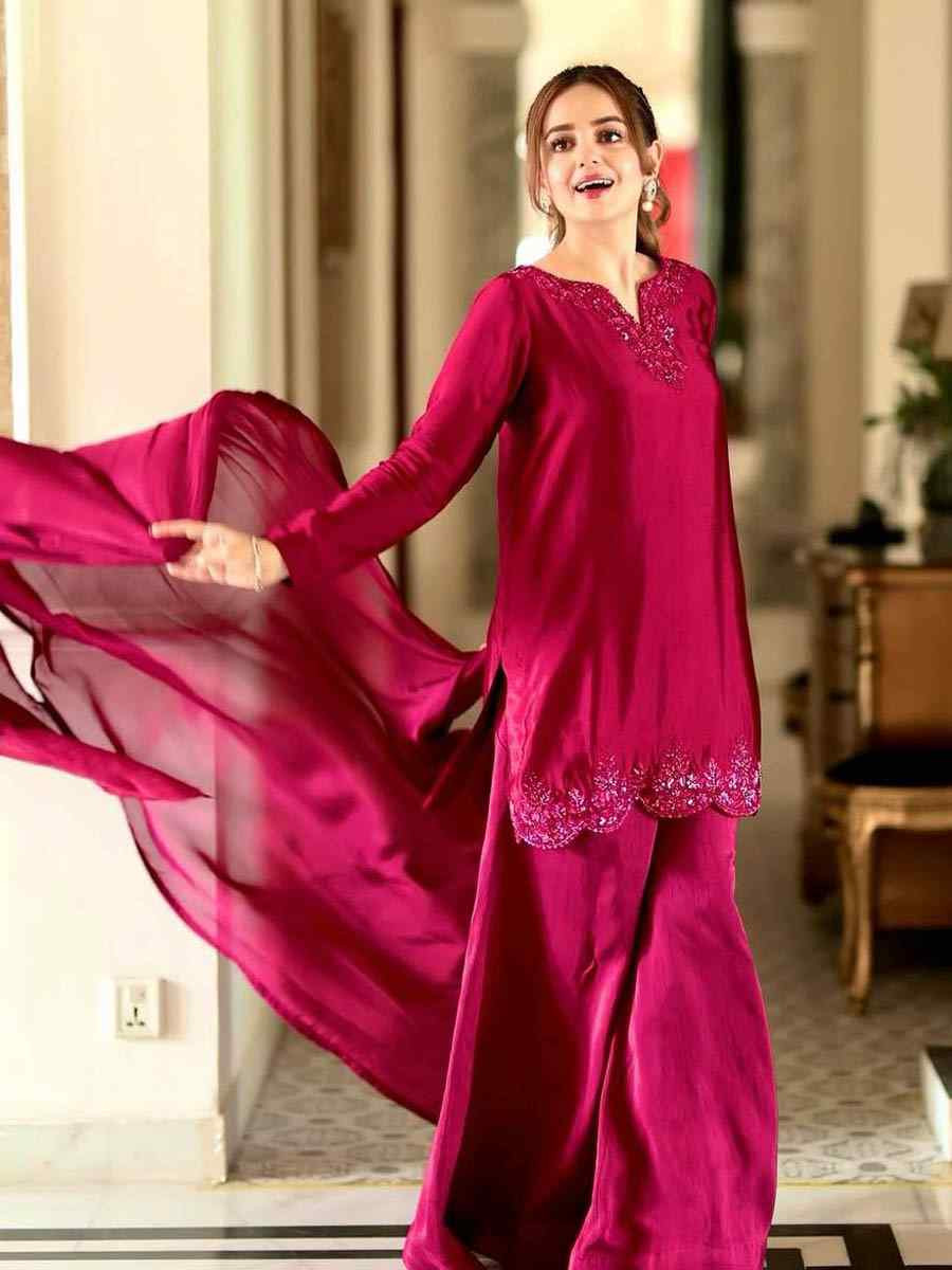 Rani Pink Pure Natural Crep Silk Embroidered Festival Mehendi Ready Farsi Salwar Kameez