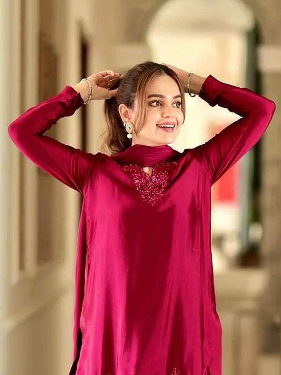 Rani Pink Pure Natural Crep Silk Embroidered Festival Mehendi Ready Farsi Salwar Kameez