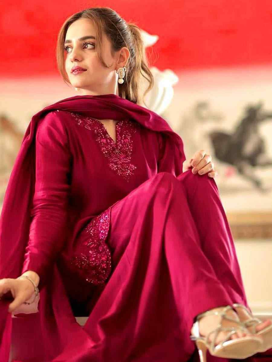 Rani Pink Pure Natural Crep Silk Embroidered Festival Mehendi Ready Farsi Salwar Kameez