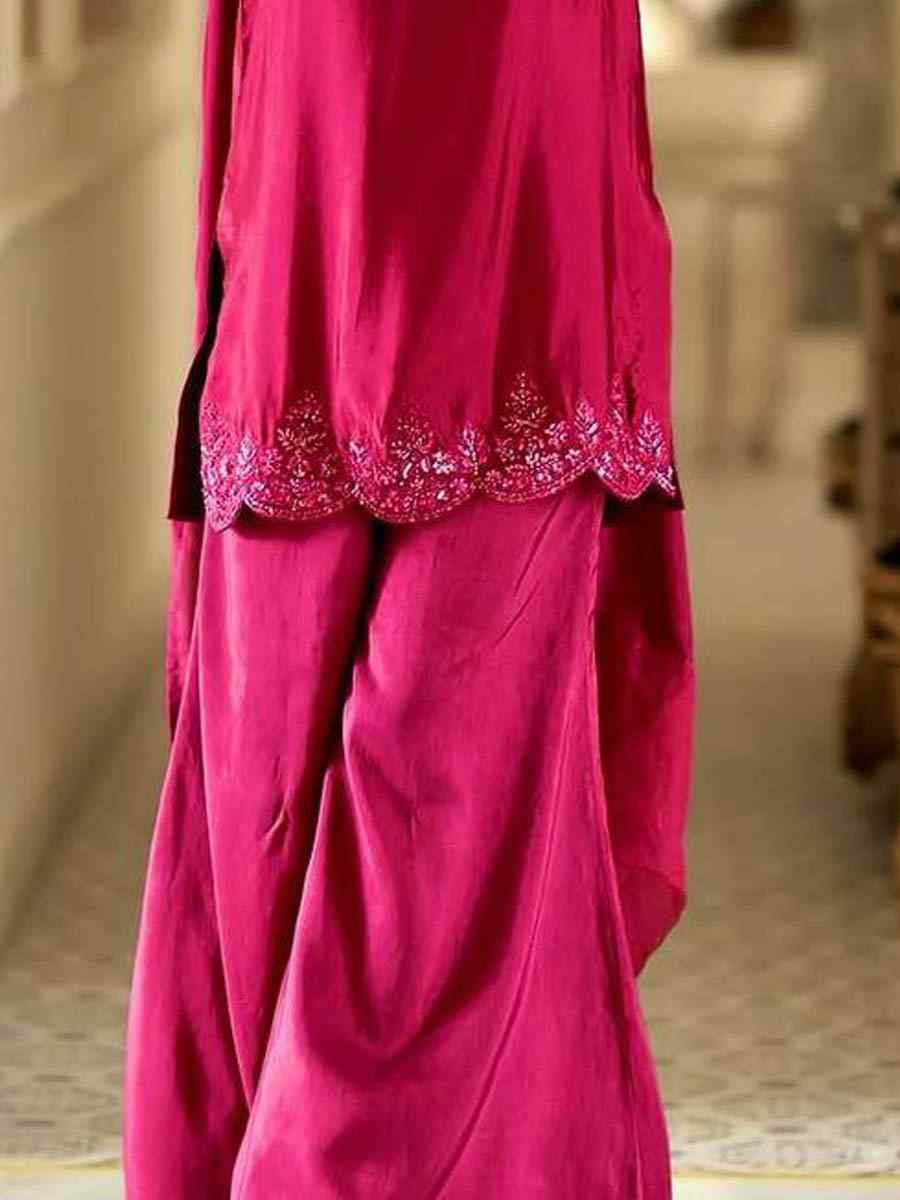Rani Pink Pure Natural Crep Silk Embroidered Festival Mehendi Ready Farsi Salwar Kameez