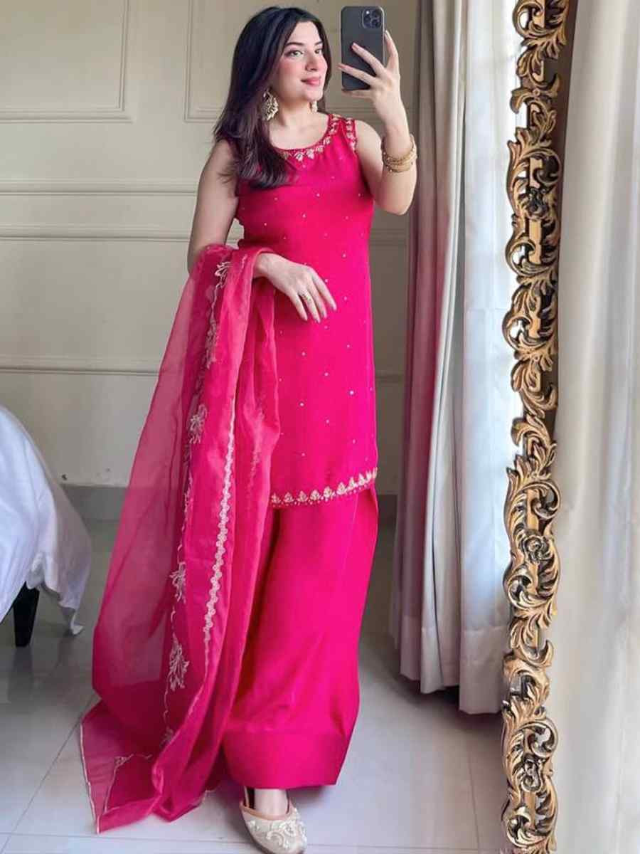 Rani Pink Pure Natural Crepe Embroidered Festival Casual Ready Palazzo Pant Salwar Kameez