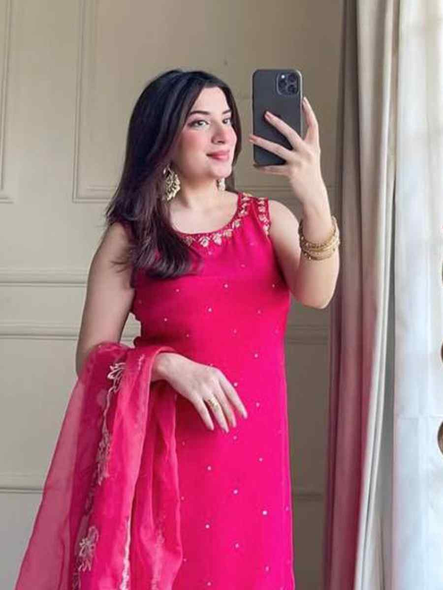Rani Pink Pure Natural Crepe Embroidered Festival Casual Ready Palazzo Pant Salwar Kameez