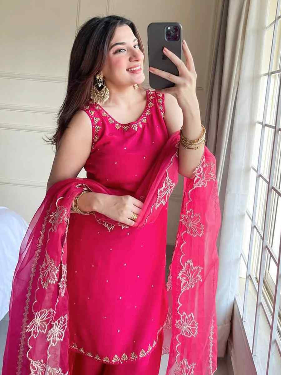 Rani Pink Pure Natural Crepe Embroidered Festival Casual Ready Palazzo Pant Salwar Kameez