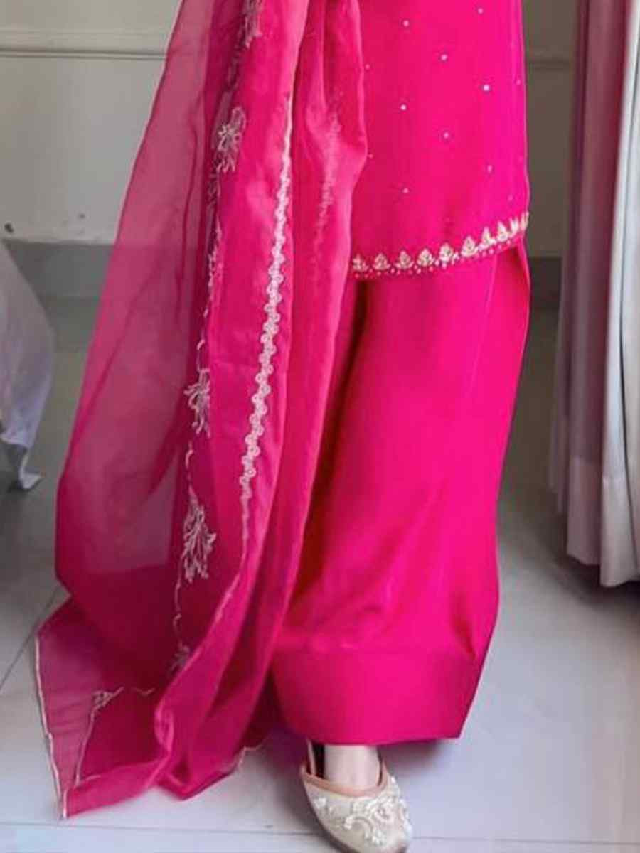 Rani Pink Pure Natural Crepe Embroidered Festival Casual Ready Palazzo Pant Salwar Kameez